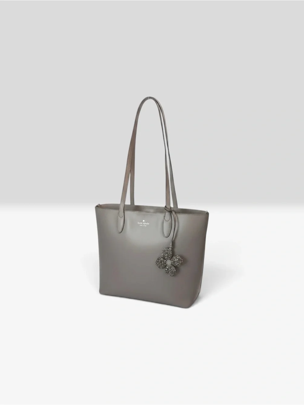 Kate Spade Kerri Medium Tote Bag Grey Leather Shoulder Purse Flower Charm